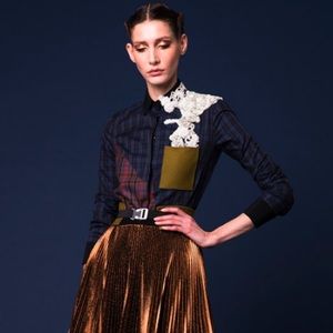 Hussein Bazaza Embellished Plaid Shirt Sequin Floral Appliqué Couture Top XS